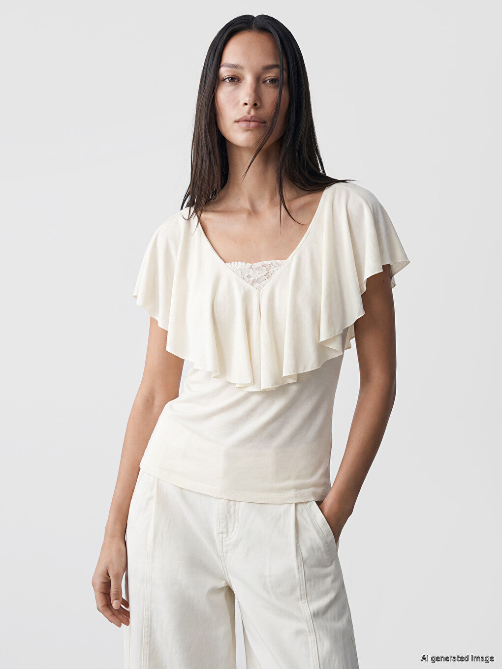 Blouse À Volants Brodée À Encolure En V