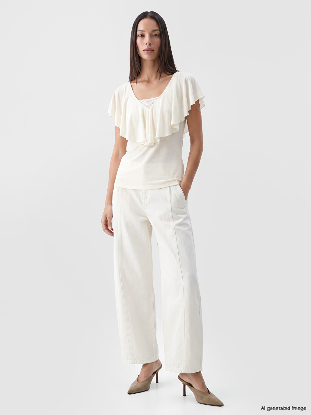 Blouse À Volants Brodée À Encolure En V-1