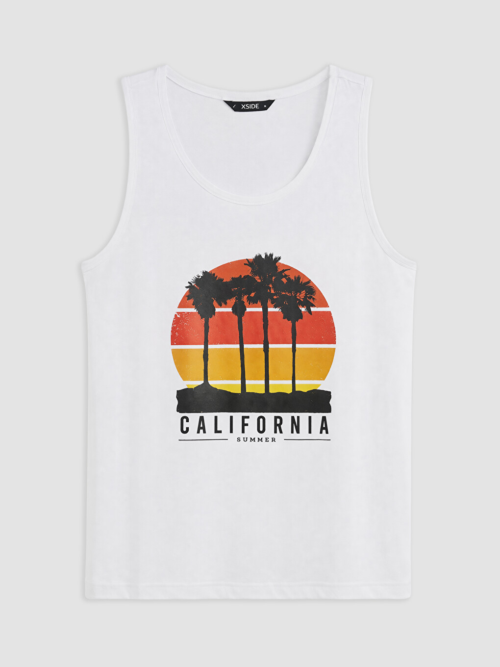 Beyaz Bisiklet Yaka California Baskılı Erkek Kolsuz Tişört