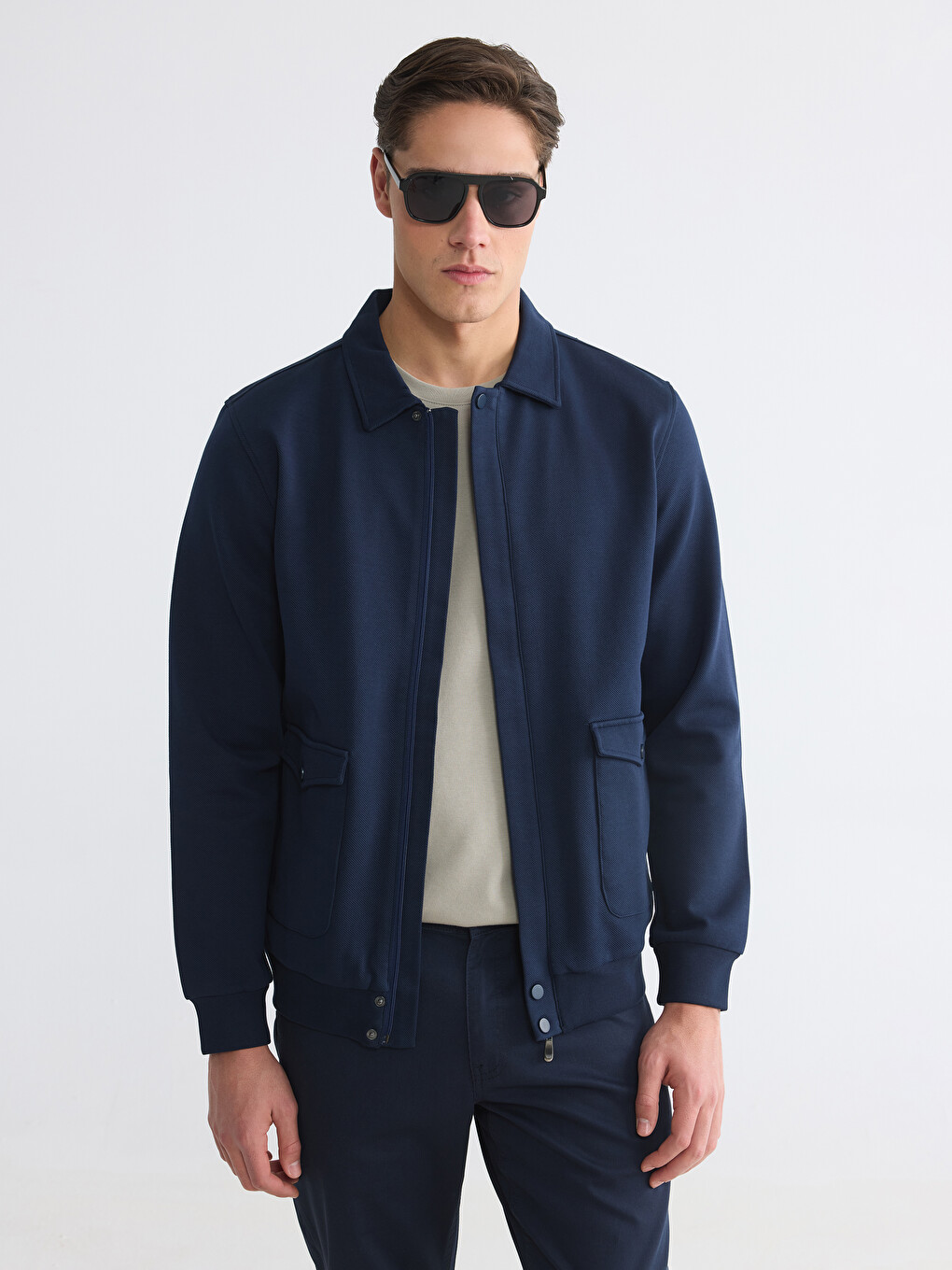 İndigo Polo Yaka Erkek Fermuarlı Sweatshirt