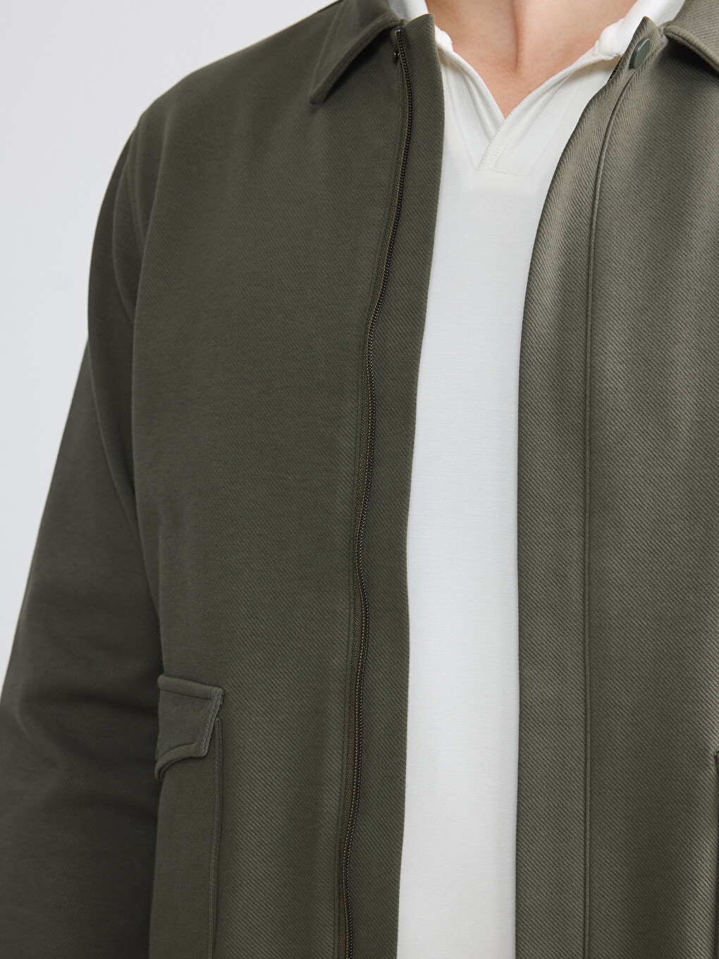 Haki Polo Yaka Erkek Fermuarlı Sweatshirt-2
