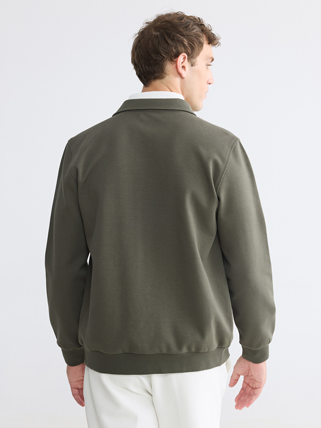 Haki Polo Yaka Erkek Fermuarlı Sweatshirt-3