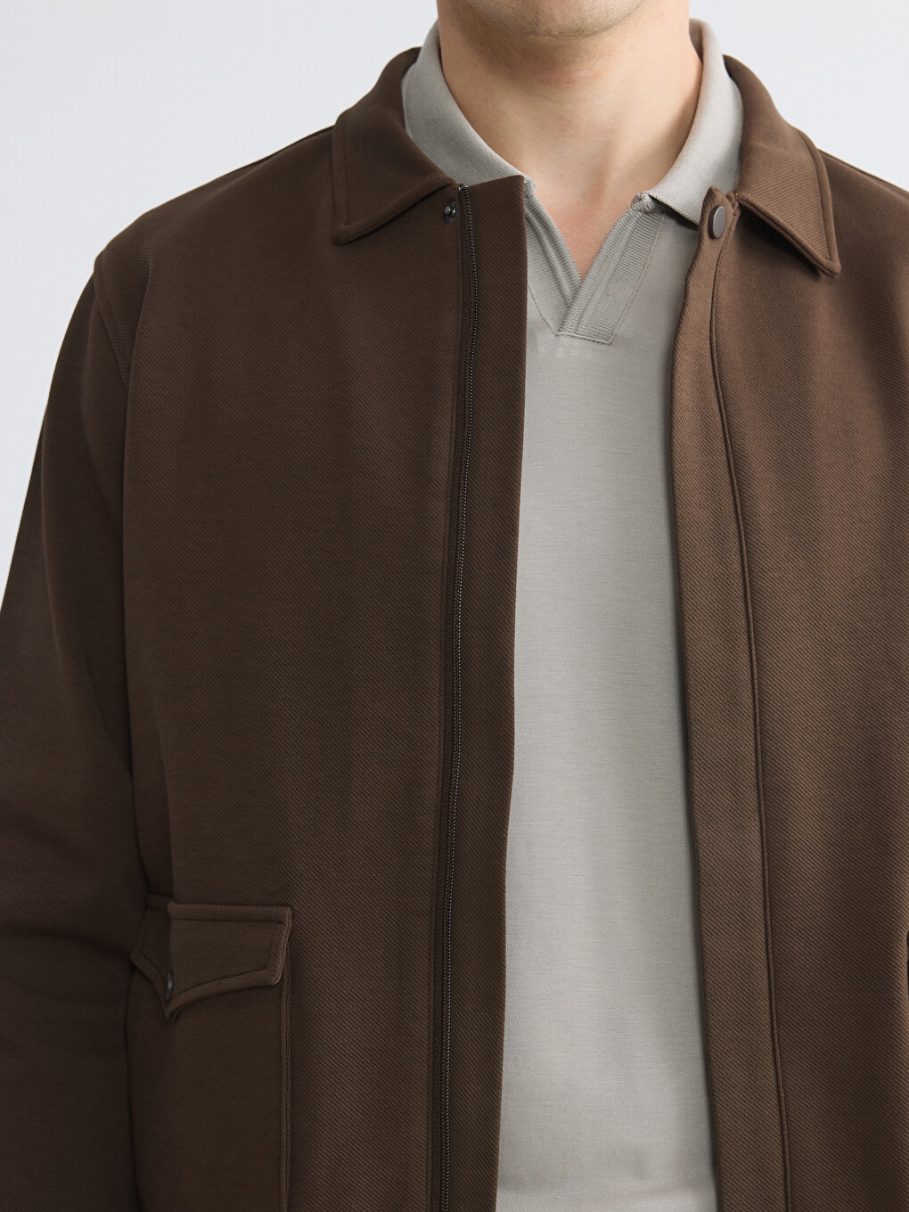 Kahverengi Polo Yaka Erkek Fermuarlı Sweatshirt-2