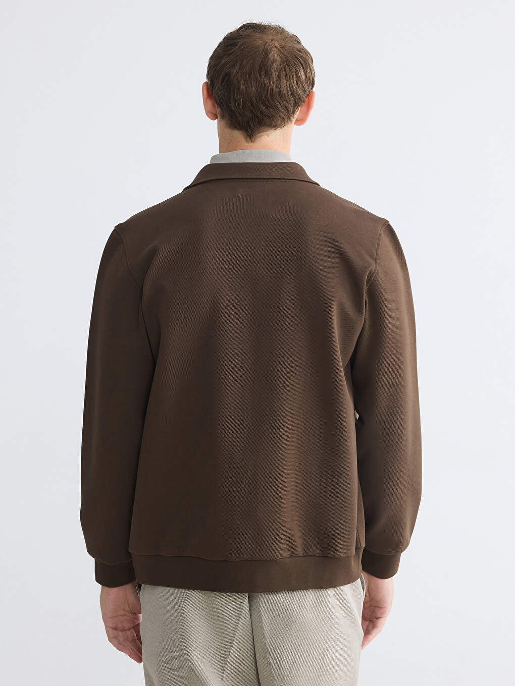 Kahverengi Polo Yaka Erkek Fermuarlı Sweatshirt-4