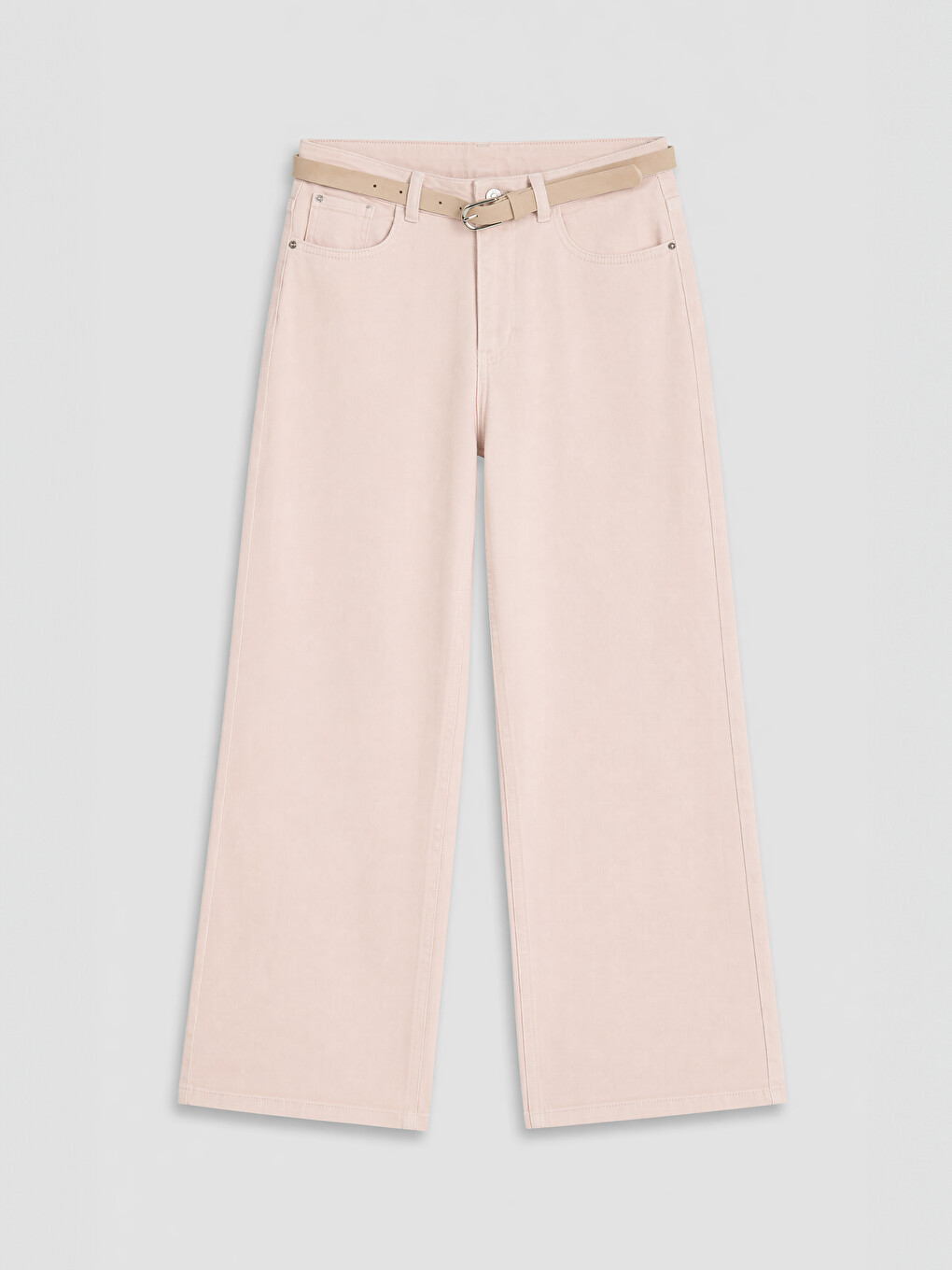 Pembe Beli Kemerli Wideleg Kadın Jean Pantolon