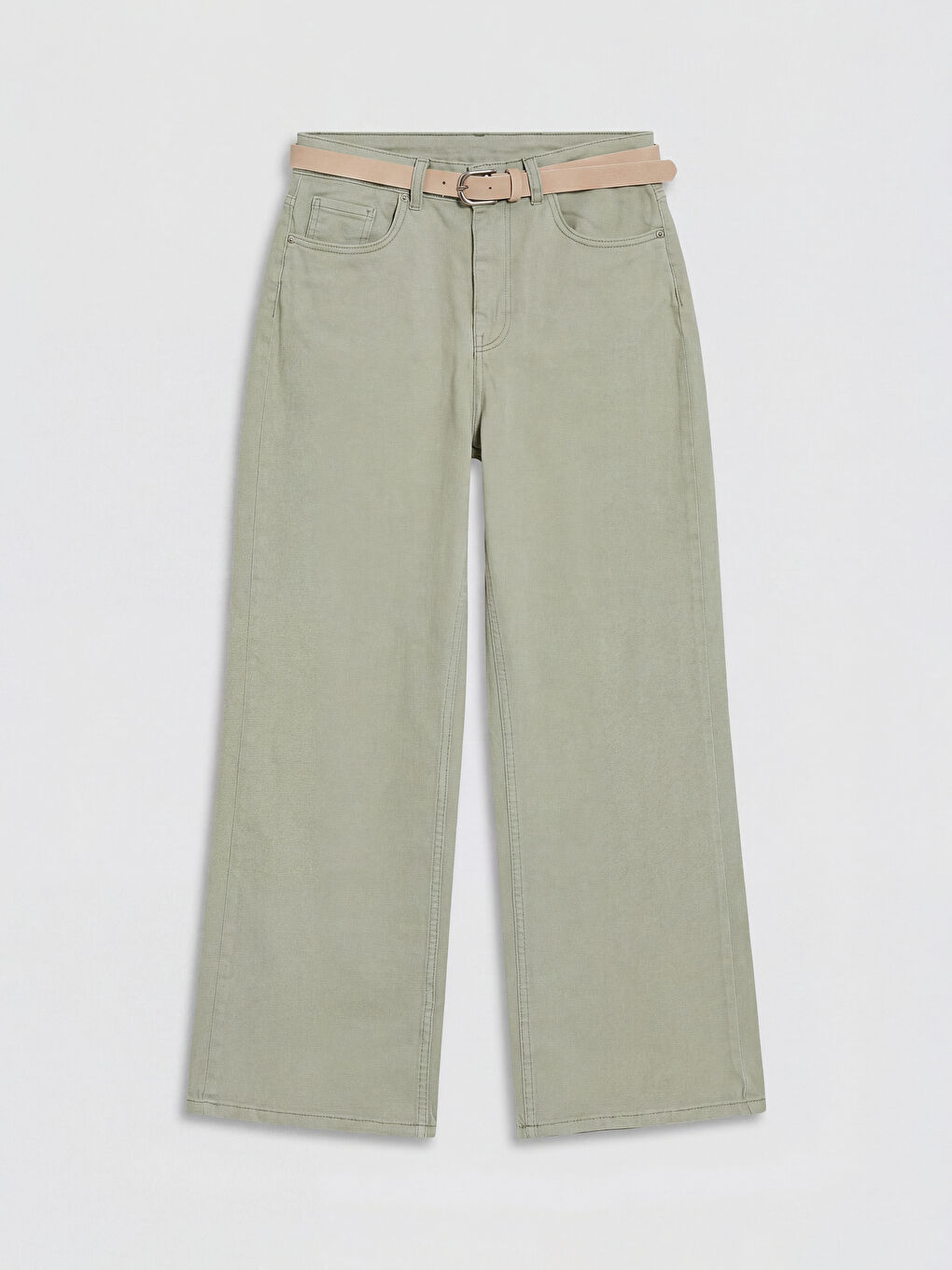 Yeşil Beli Kemerli Wideleg Kadın Jean Pantolon