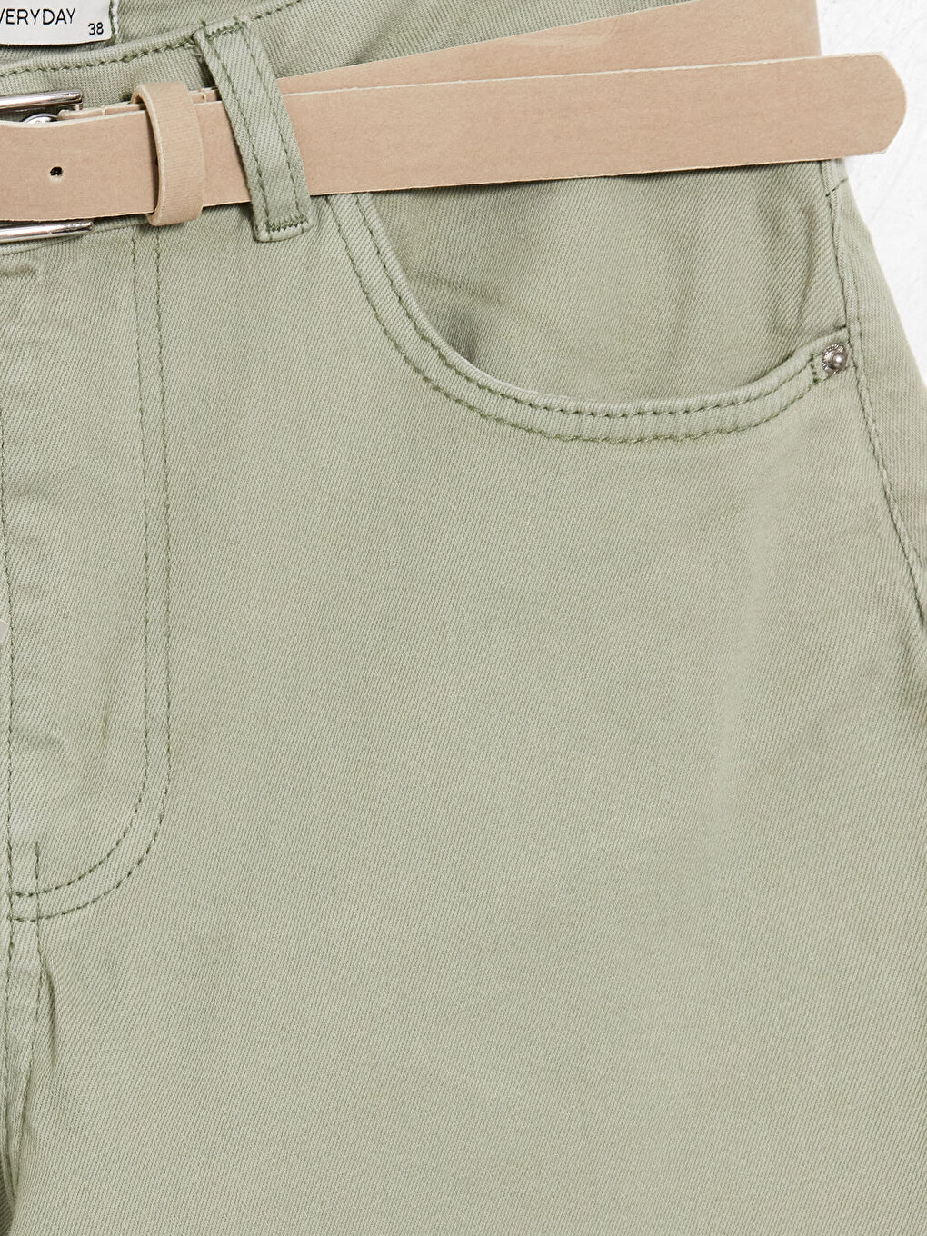 Yeşil Beli Kemerli Wideleg Kadın Jean Pantolon-2