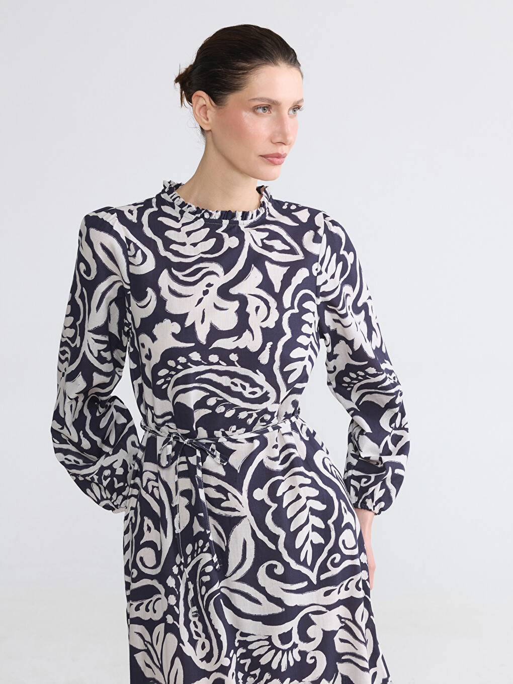 Frilled Mock Neck Patterned Dress-1