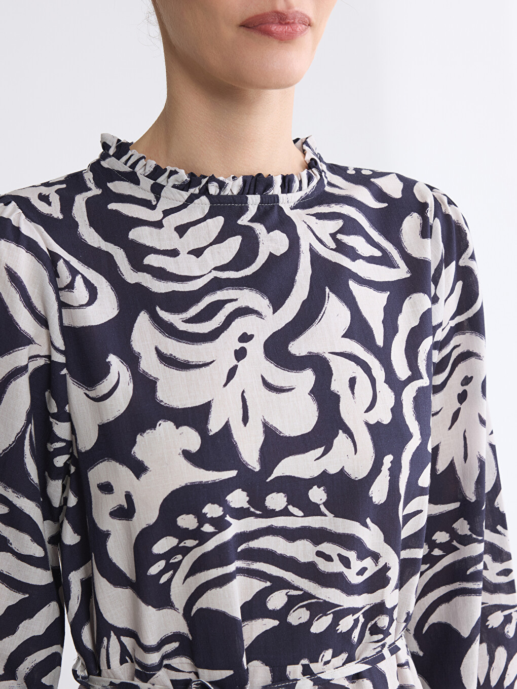 Frilled Mock Neck Patterned Dress-2