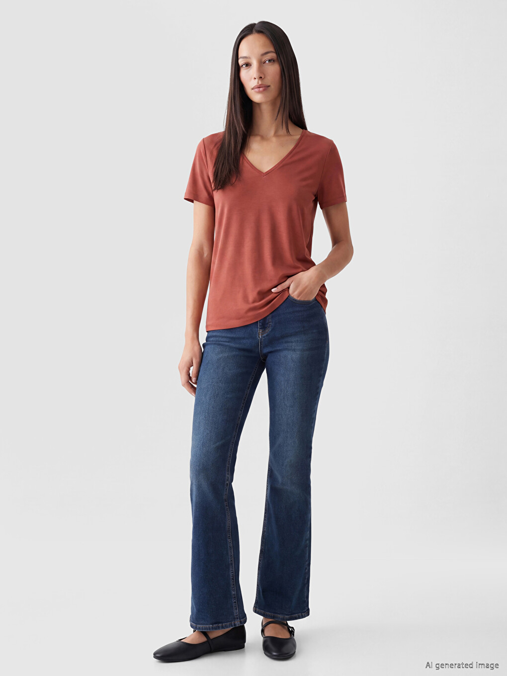 T-shirt Femme À Encolure En V En Mélange De Modal-1
