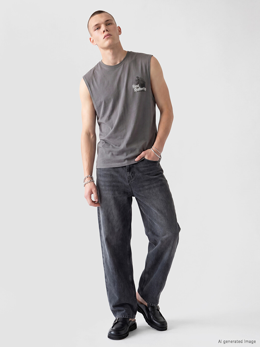 Gri Relaxed Fit Bisiklet Yaka Baskılı Erkek Kolsuz Tişört-1