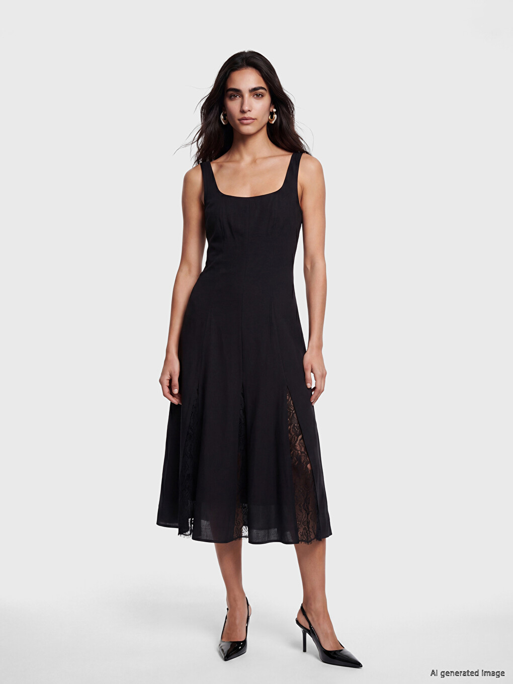 Square Neck Lace Detailed Modal Blend Dress-1