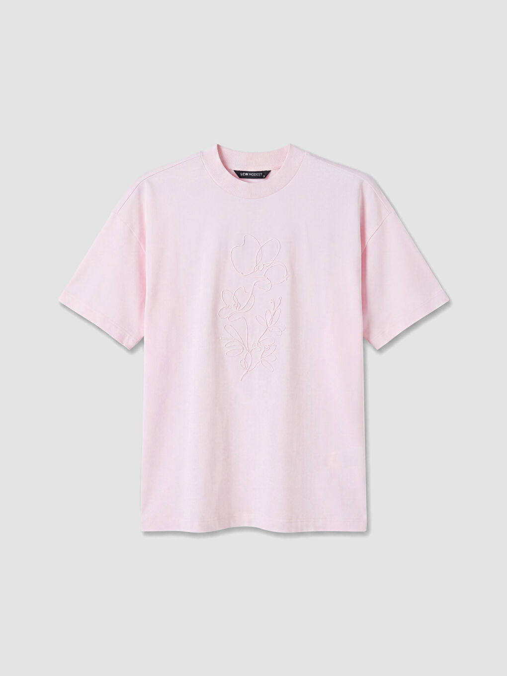 Pembe Bisiklet Yaka Nakışlı Kadın Tişört