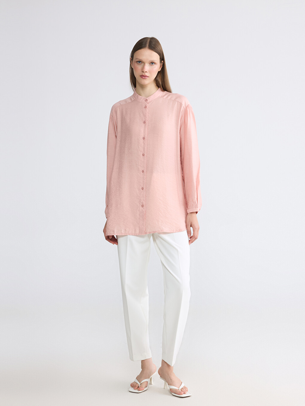 Pembe Hakim Yaka Oversize Kadın Gömlek Tunik-1