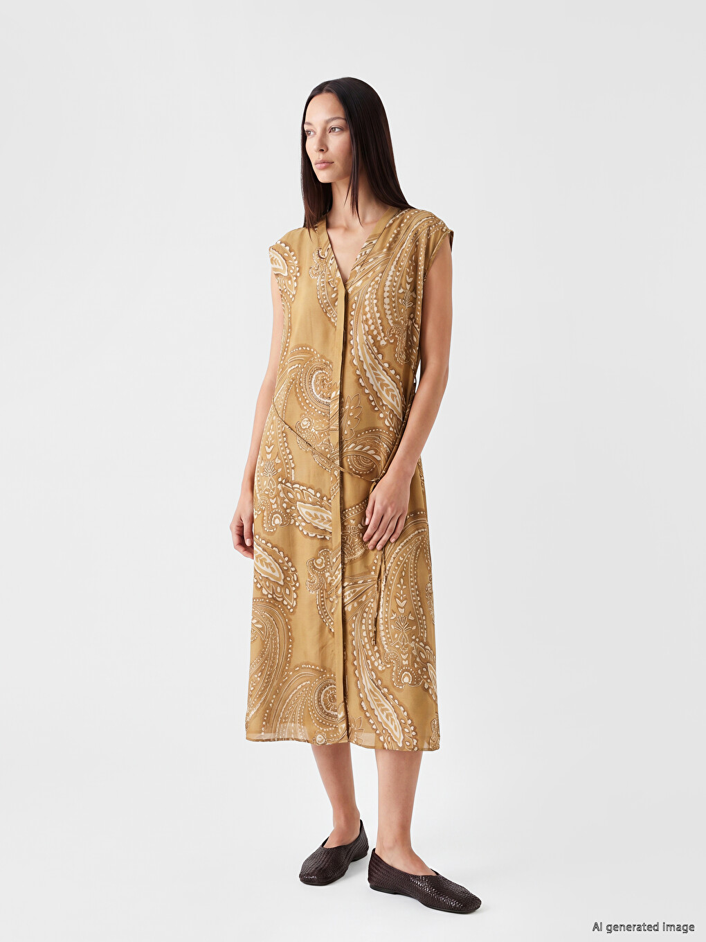 V Neck Patterned Sash Dress