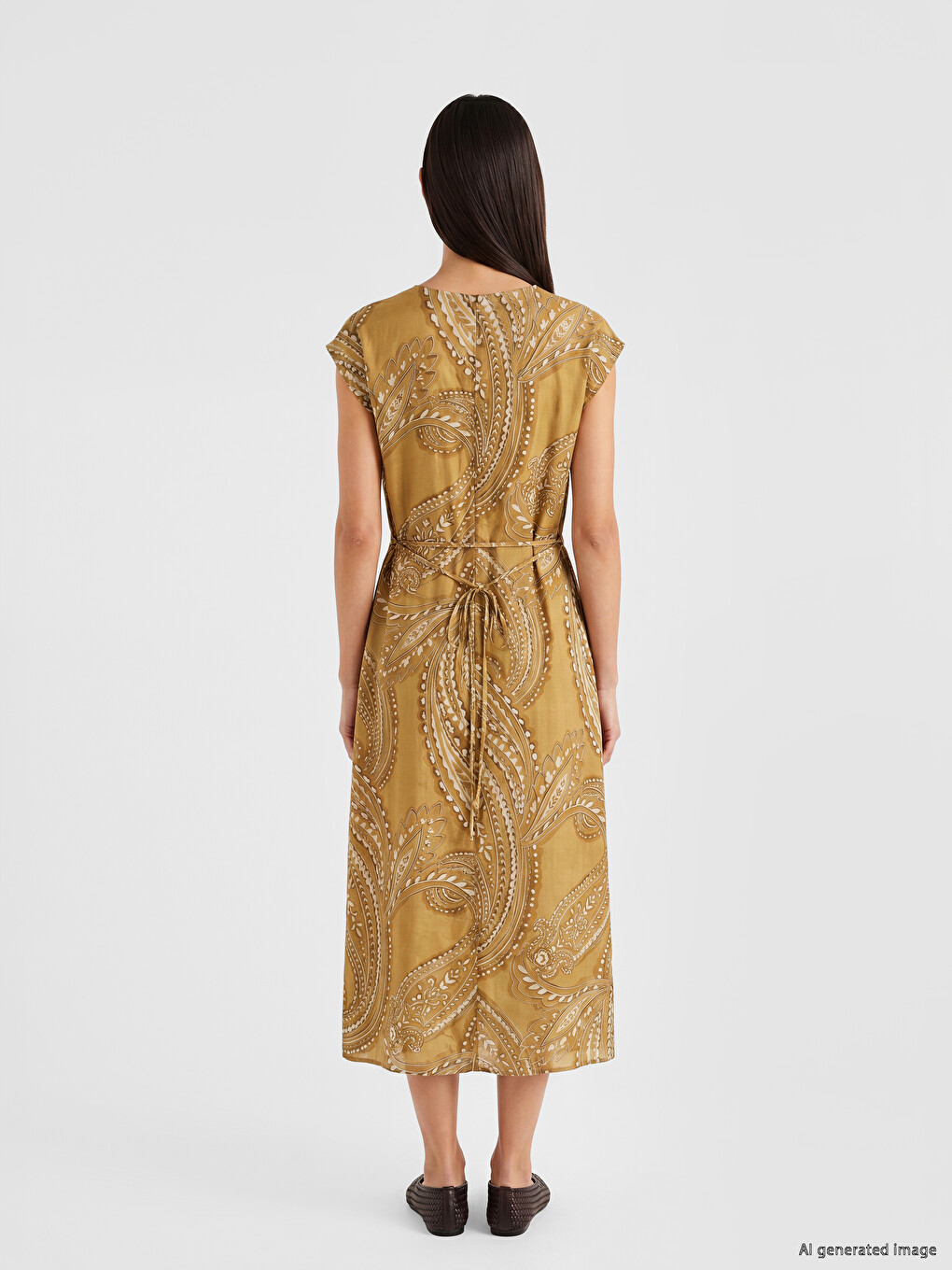 V Neck Patterned Sash Dress-3