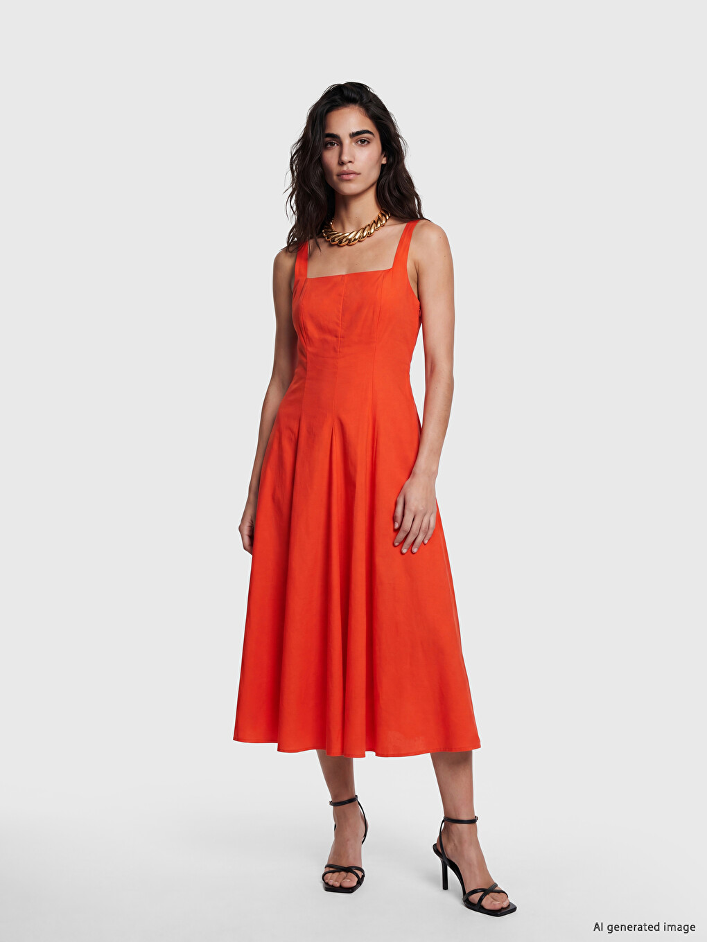 Quadratischer Kragen A-Linie Plissiertes Popeline-Kleid-1