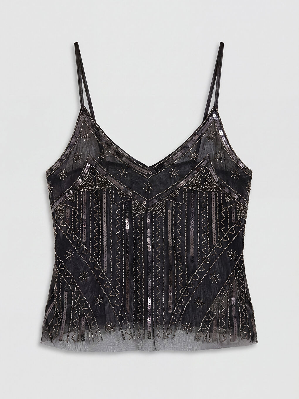 Siyah V Yaka İp Askılı İşlemeli Bluz-5