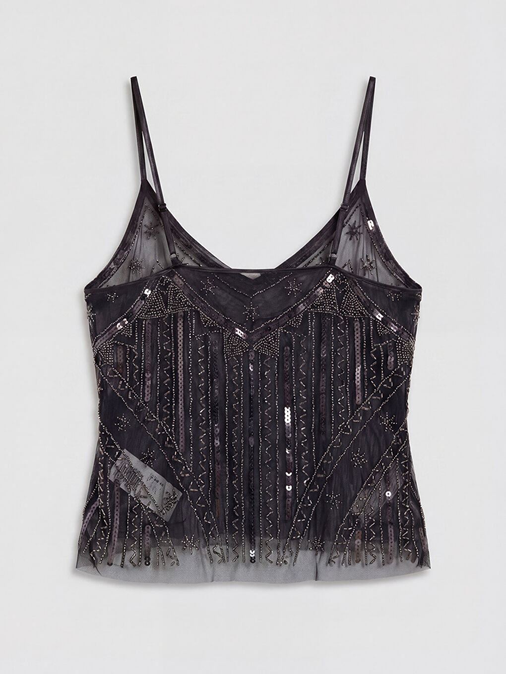 Siyah V Yaka İp Askılı İşlemeli Bluz-6