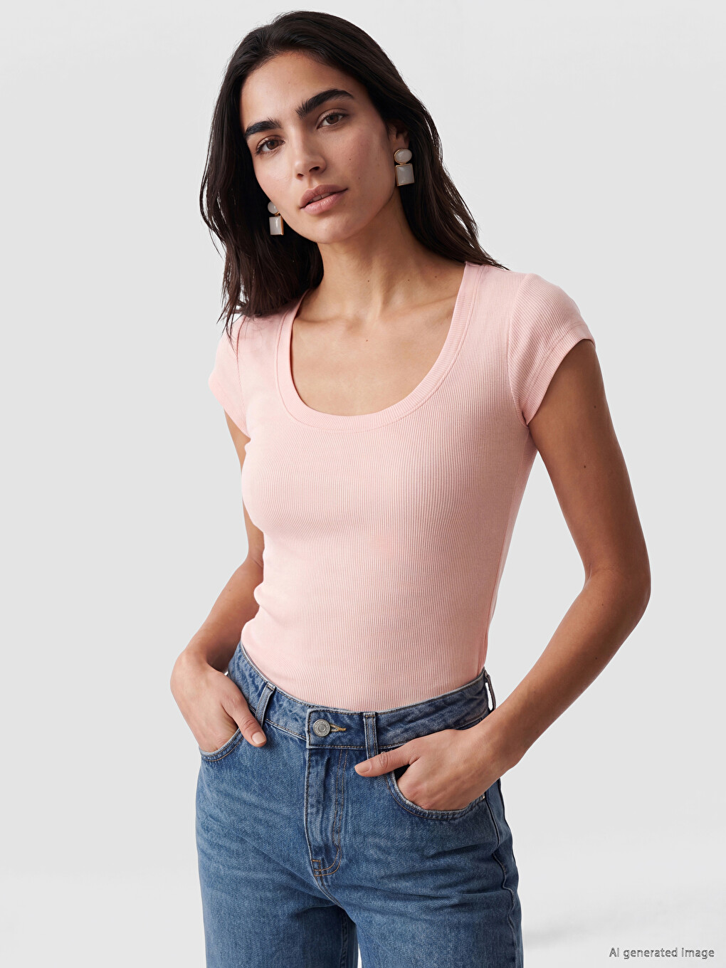 Pembe U Yaka %100 Pamuklu Kadın Tişört