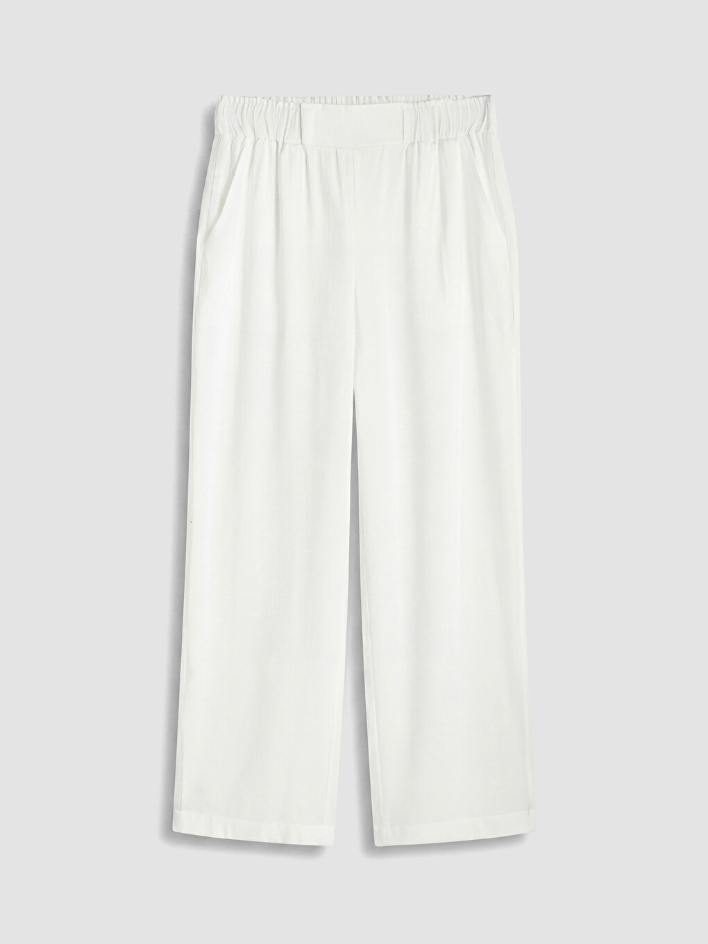 Beyaz Beli Lastikli Geniş Paça Kadın Pantolon