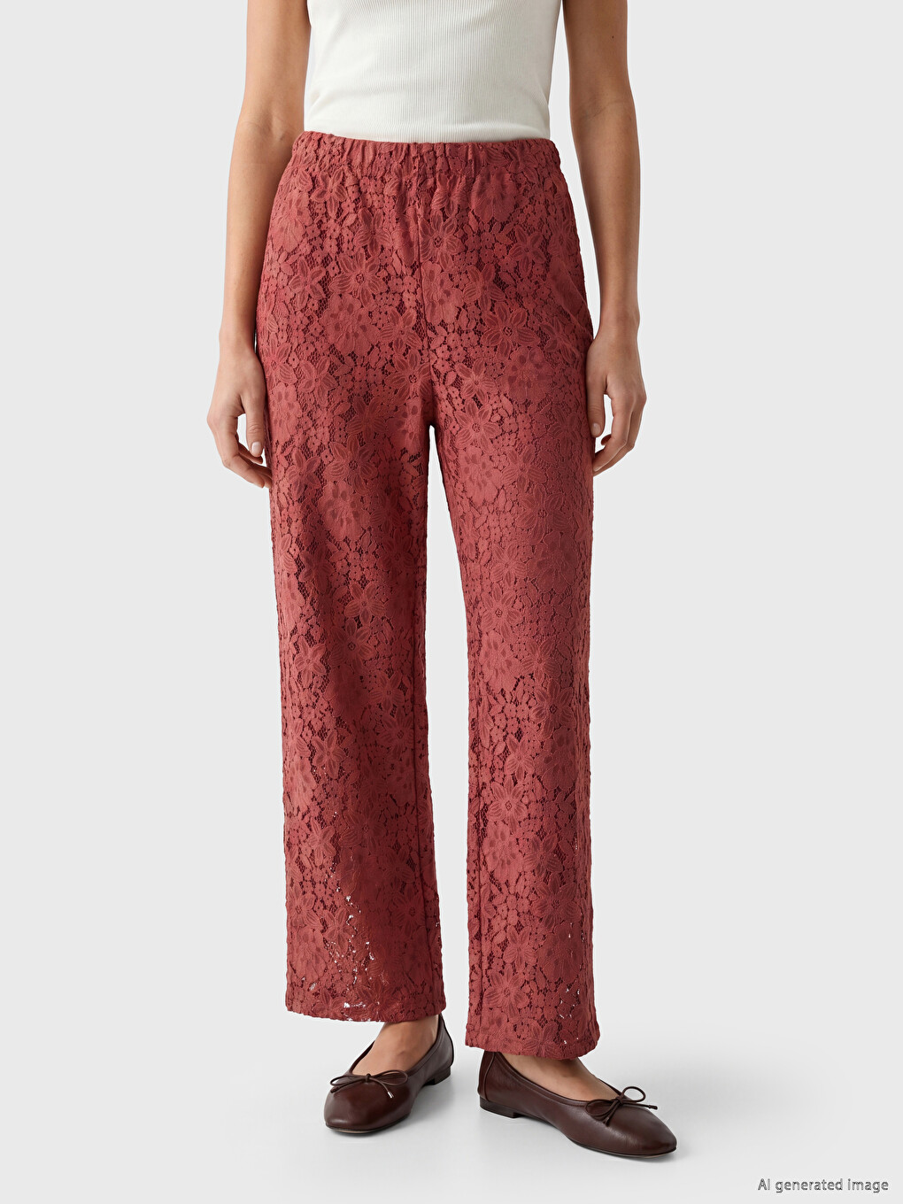 Pantaloni de Femei din Dantelă cu Talie Elastică-1