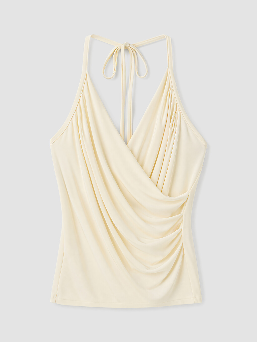 Ekru Halter Yaka Büzgülü Bluz-4