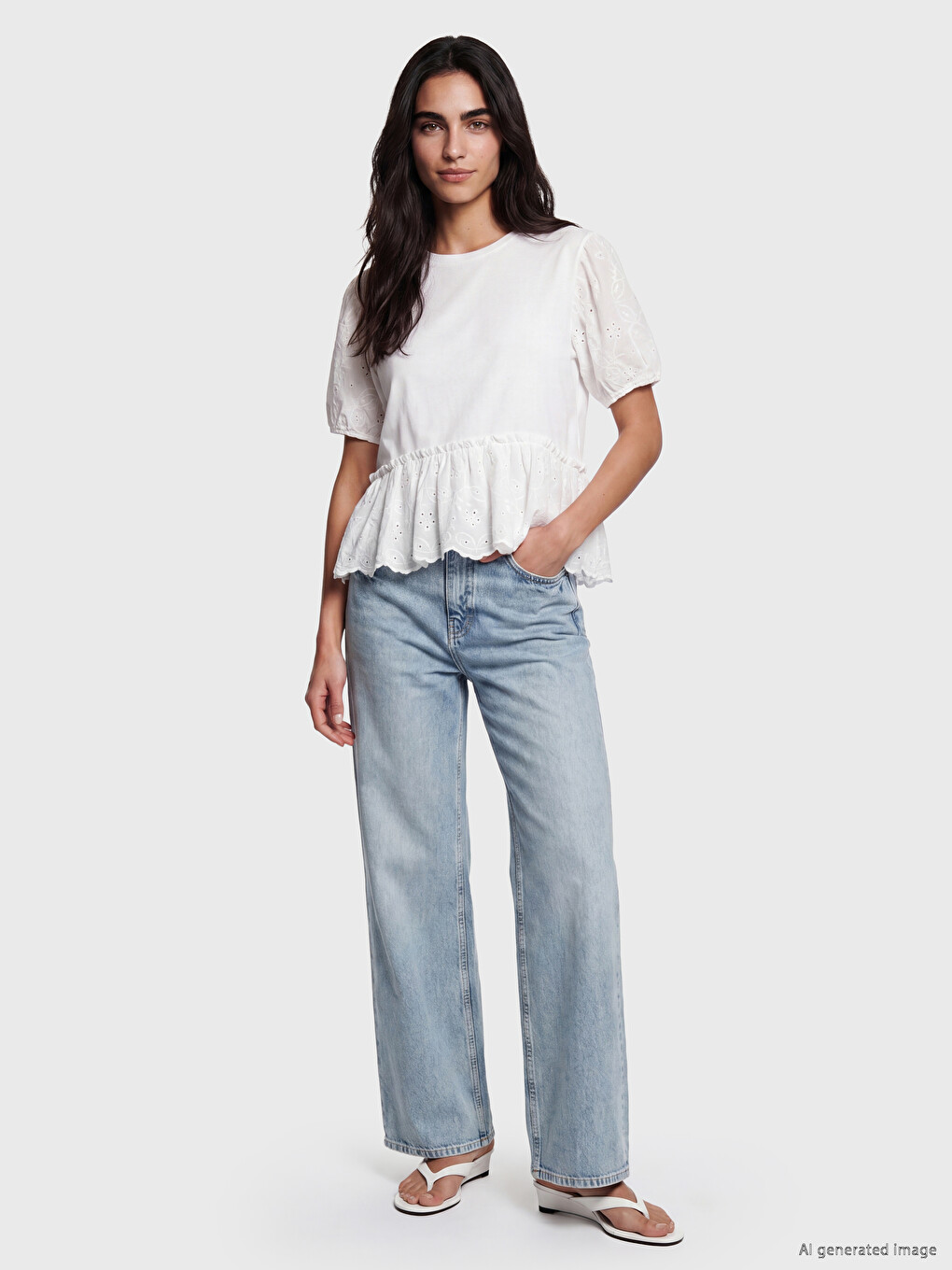 Crew Neck Embroidered Puff Sleeve Blouse-1