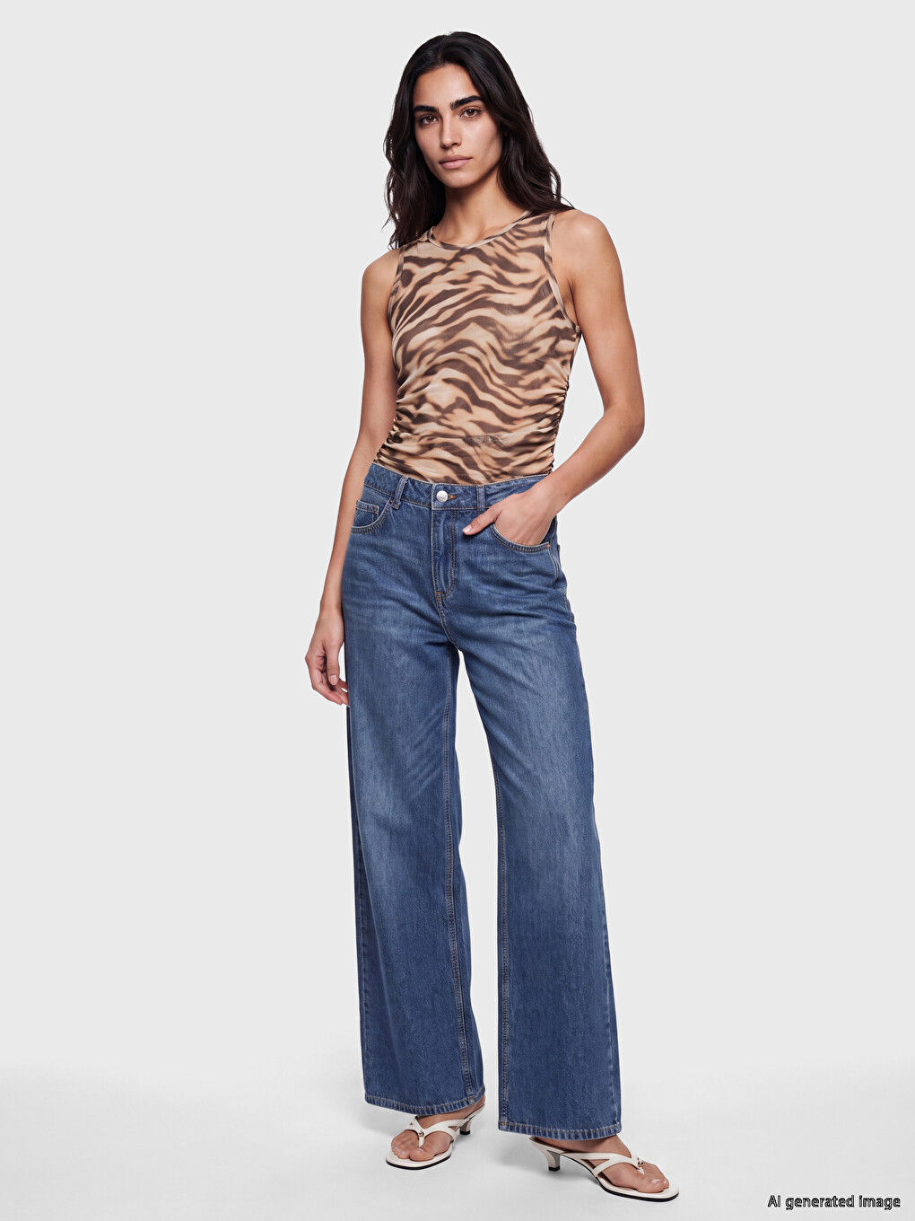 Bluză Basic Cu Guler Rotund, Cu Model Zebra, Cu Fronseuri-1