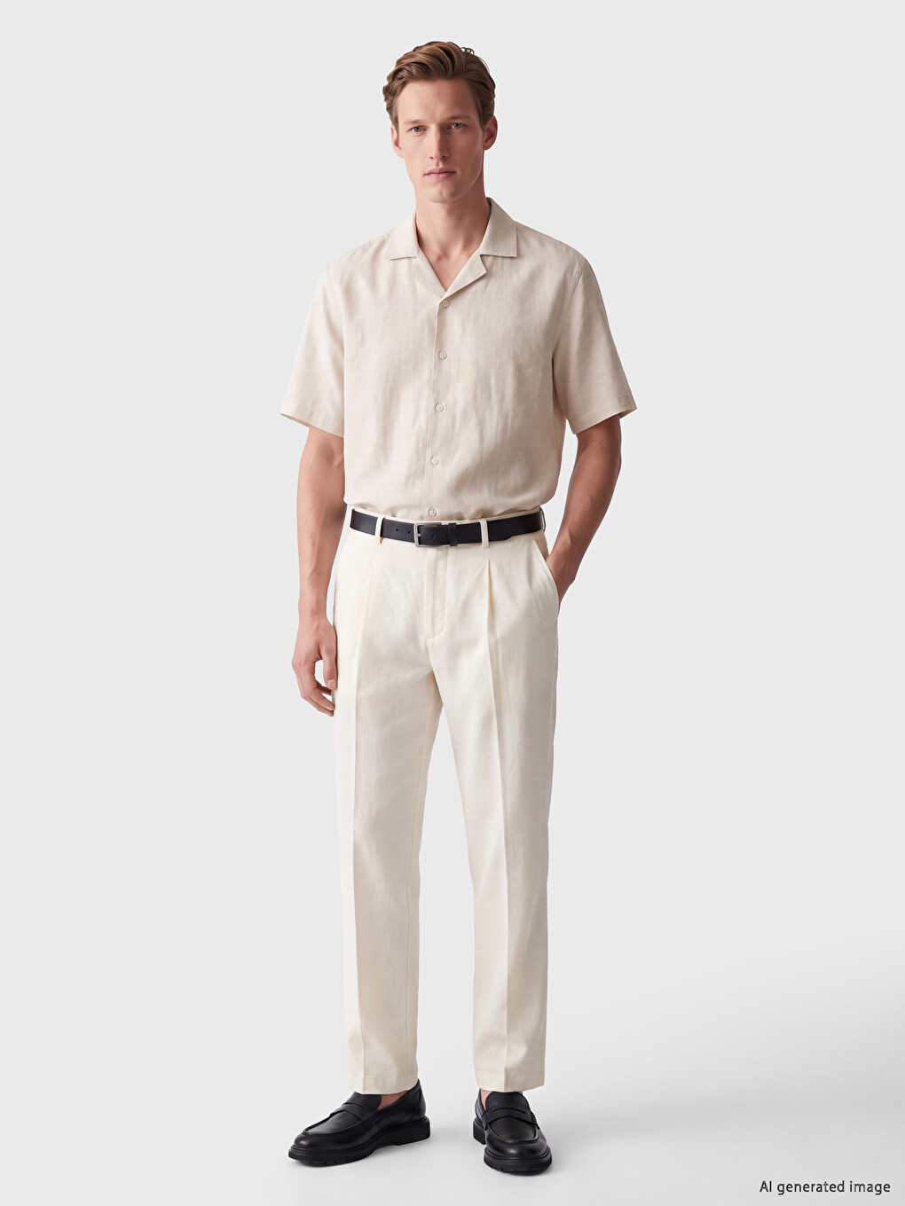 Bej Loose Fit Keten Karışımlı Erkek Gömlek-1