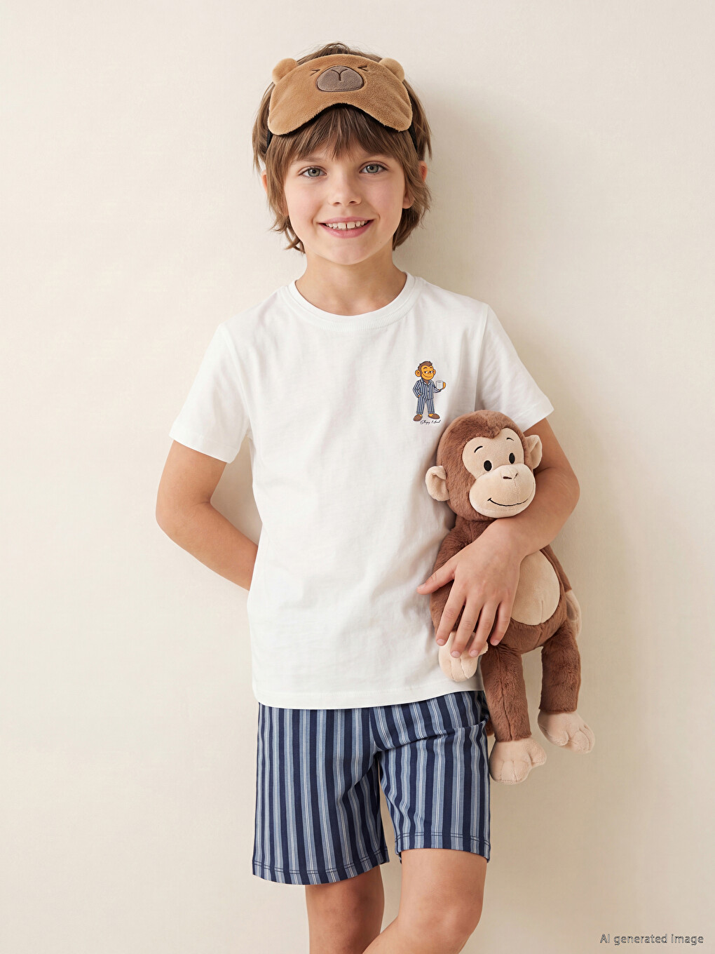 Ekru Bisiklet Yaka Erkek Çocuk Şortlu Pijama Takımı