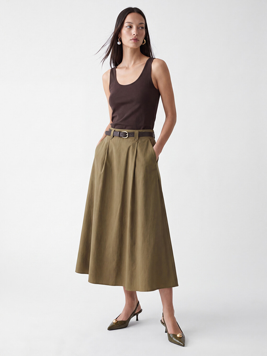 Waist Belted A-line Flared Skirt