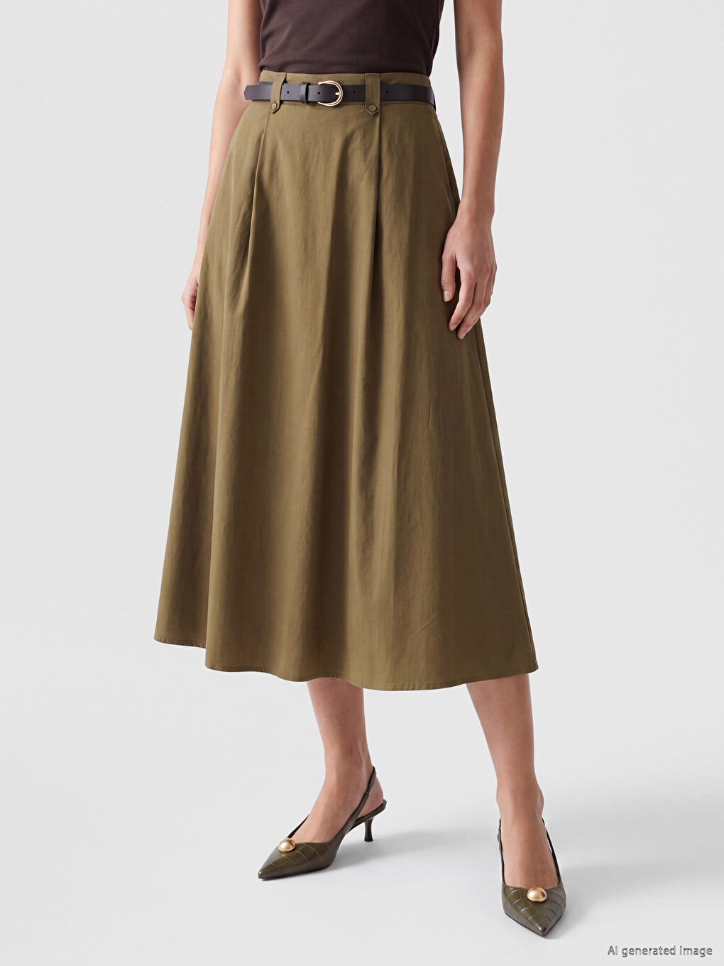 Waist Belted A-line Flared Skirt-1
