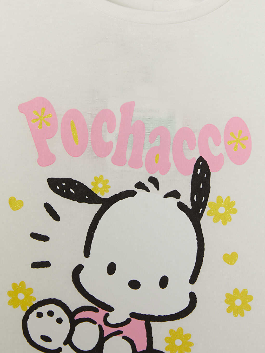 Beyaz Bisiklet Yaka Pochacco Baskılı Kız Çocuk Tişört-1