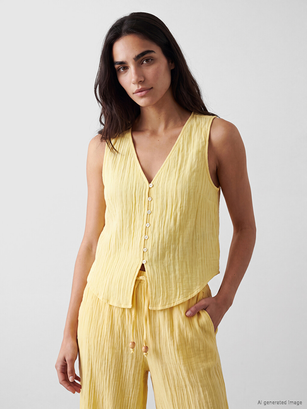 V Neck Buttoned Textured Muslin Blouse