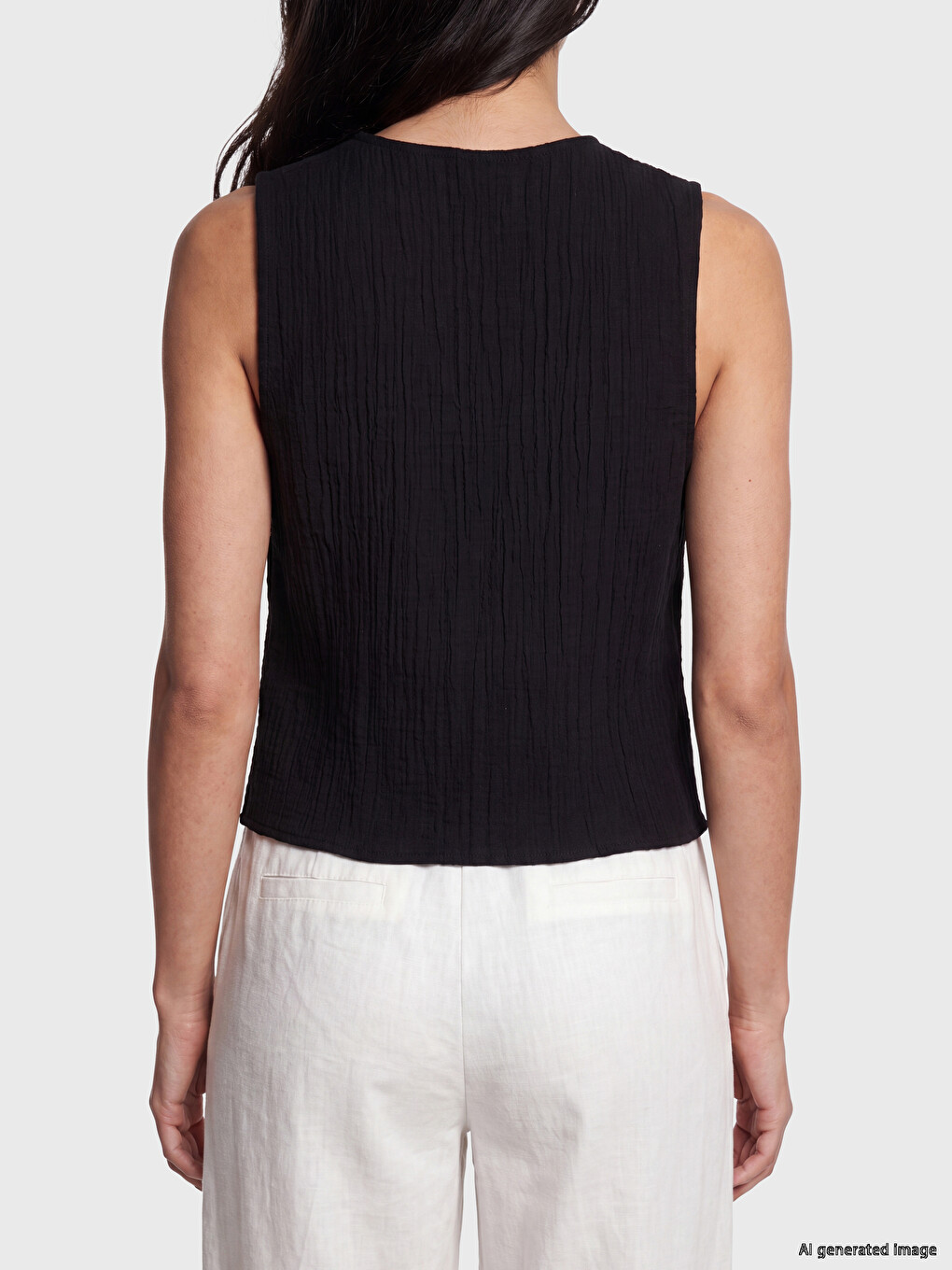 V Neck Buttoned Textured Muslin Blouse-3