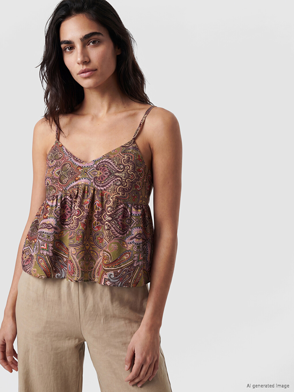V Neck Strappy Patterned Blouse