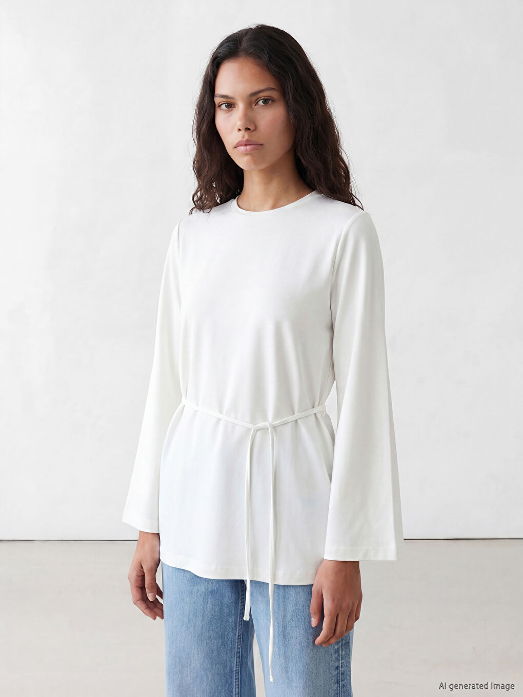 Beyaz Kuşaklı Kadın Sweatshirt Tunik