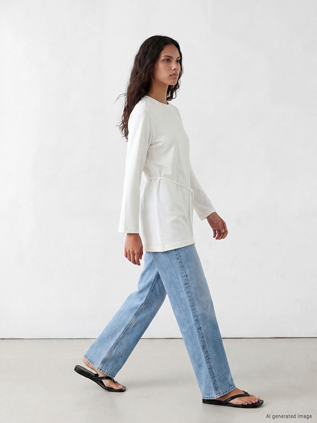 Beyaz Kuşaklı Kadın Sweatshirt Tunik-1