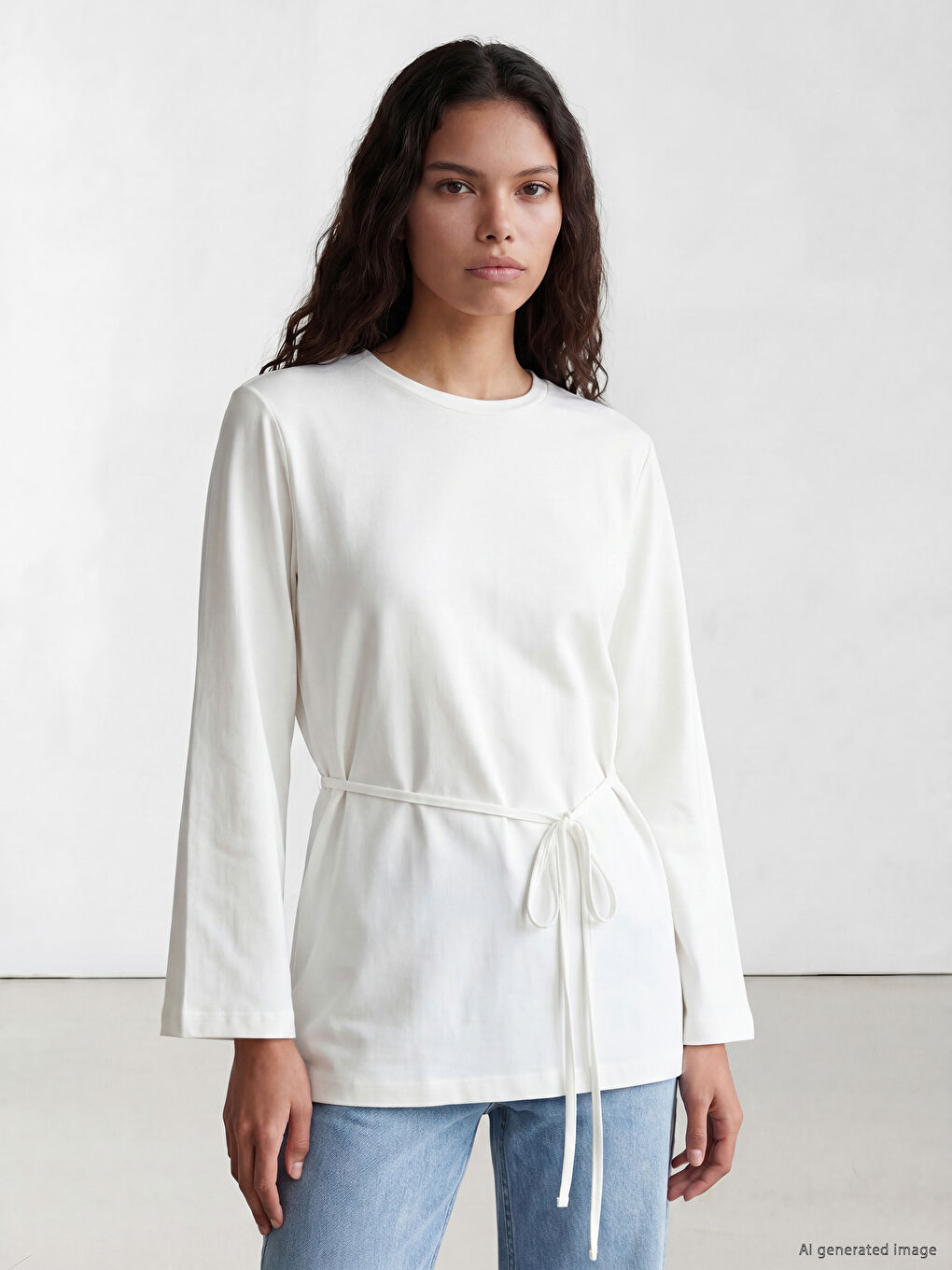 Beyaz Kuşaklı Kadın Sweatshirt Tunik-2