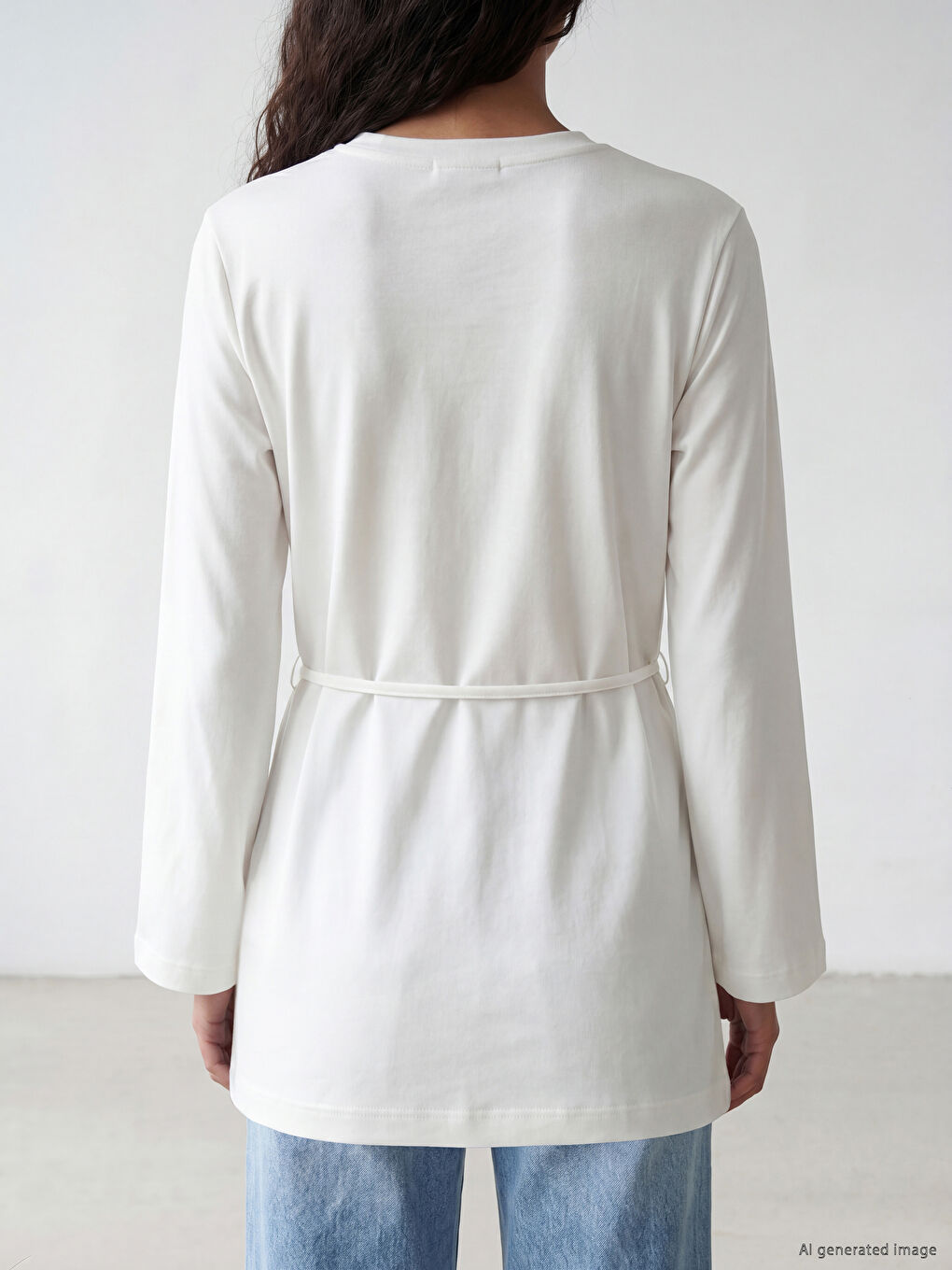 Beyaz Kuşaklı Kadın Sweatshirt Tunik-3