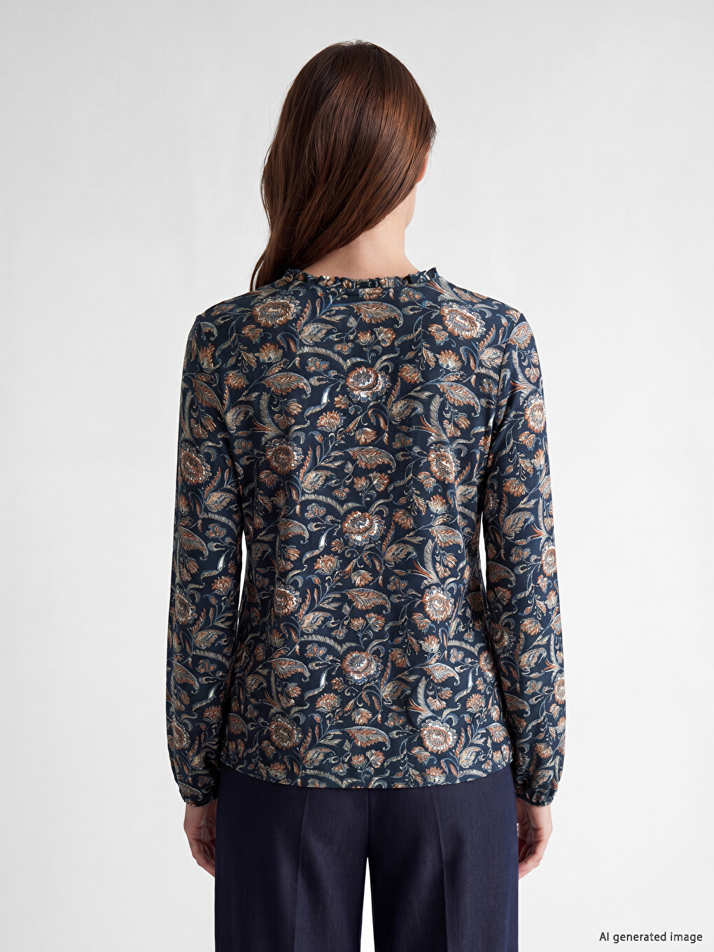 Frilled Mock Neck Patterned Blouse-3