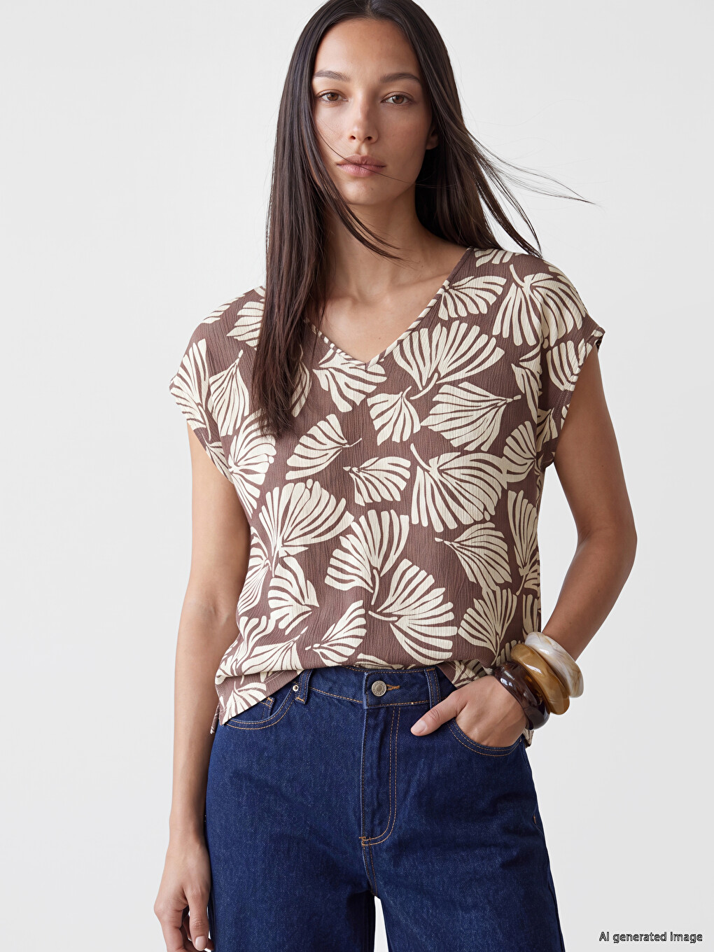 V Neck Patterned Women's T-shirt