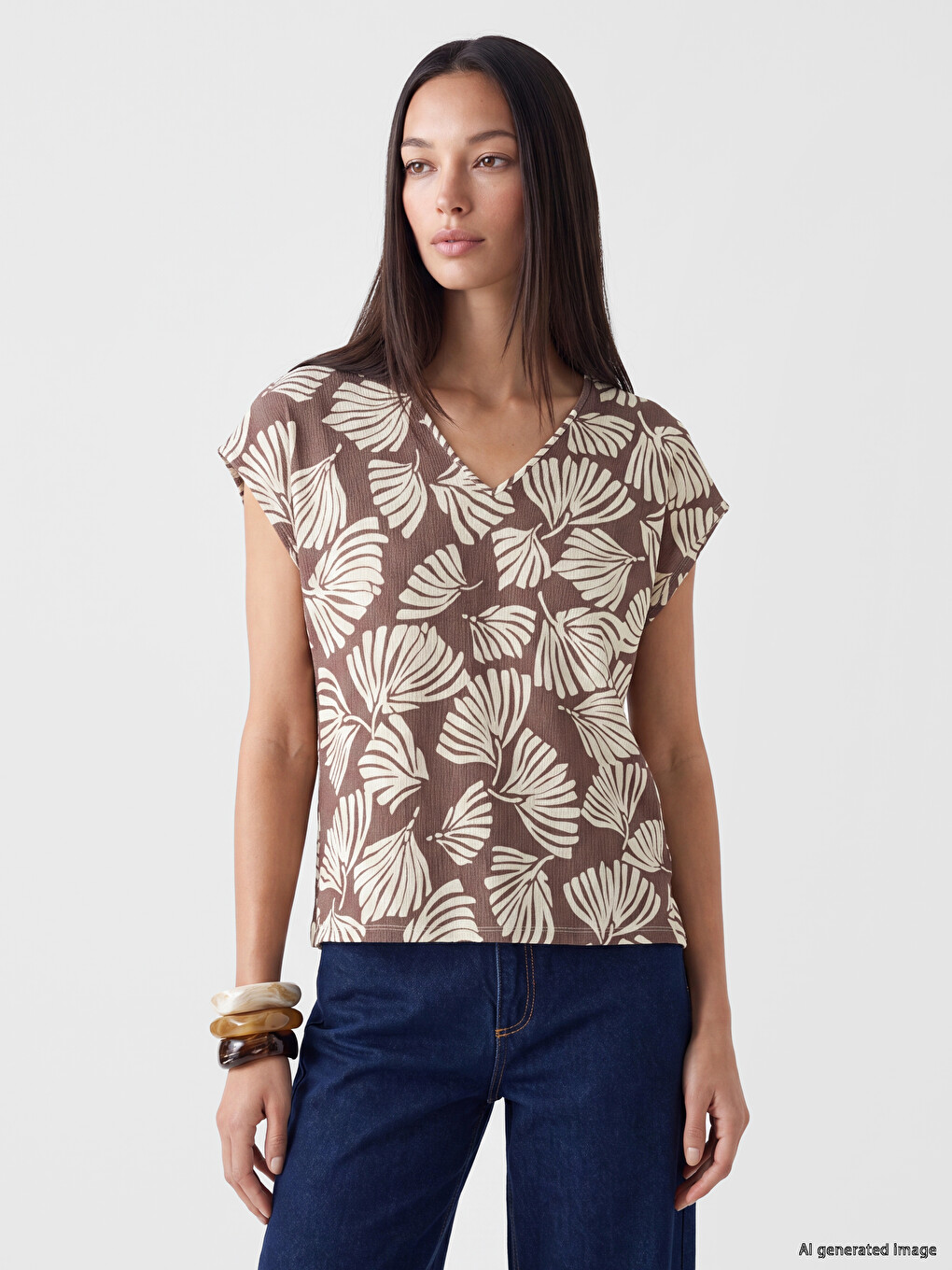 V Neck Patterned Women's T-shirt-1