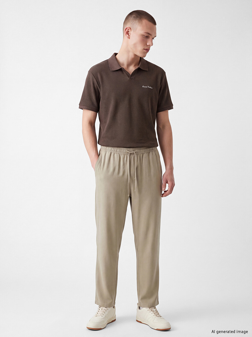 Kahverengi Polo Yaka Nakışlı Erkek Tişört-1