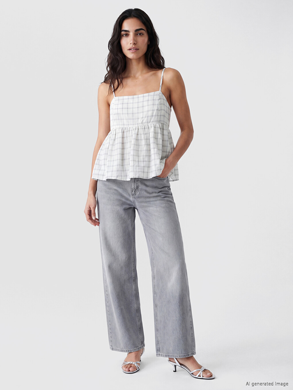 Plaid Strappy Ruched Linen Blend Blouse-1