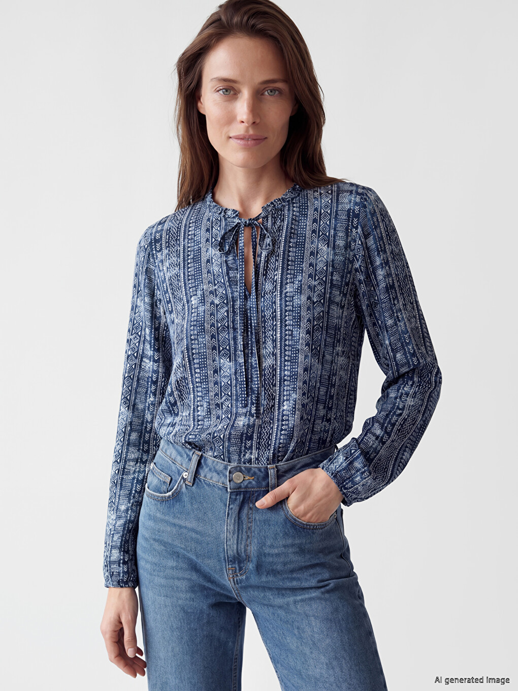 Bluza sa kragnom na vezanje sa uzorkom