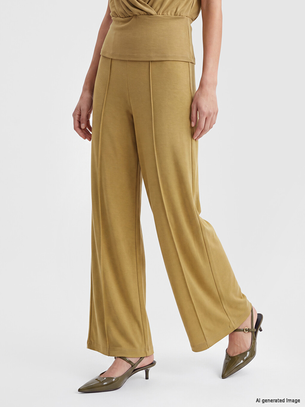 Yeşil Beli Lastikli Soft Touch Kadın Pantolon-1