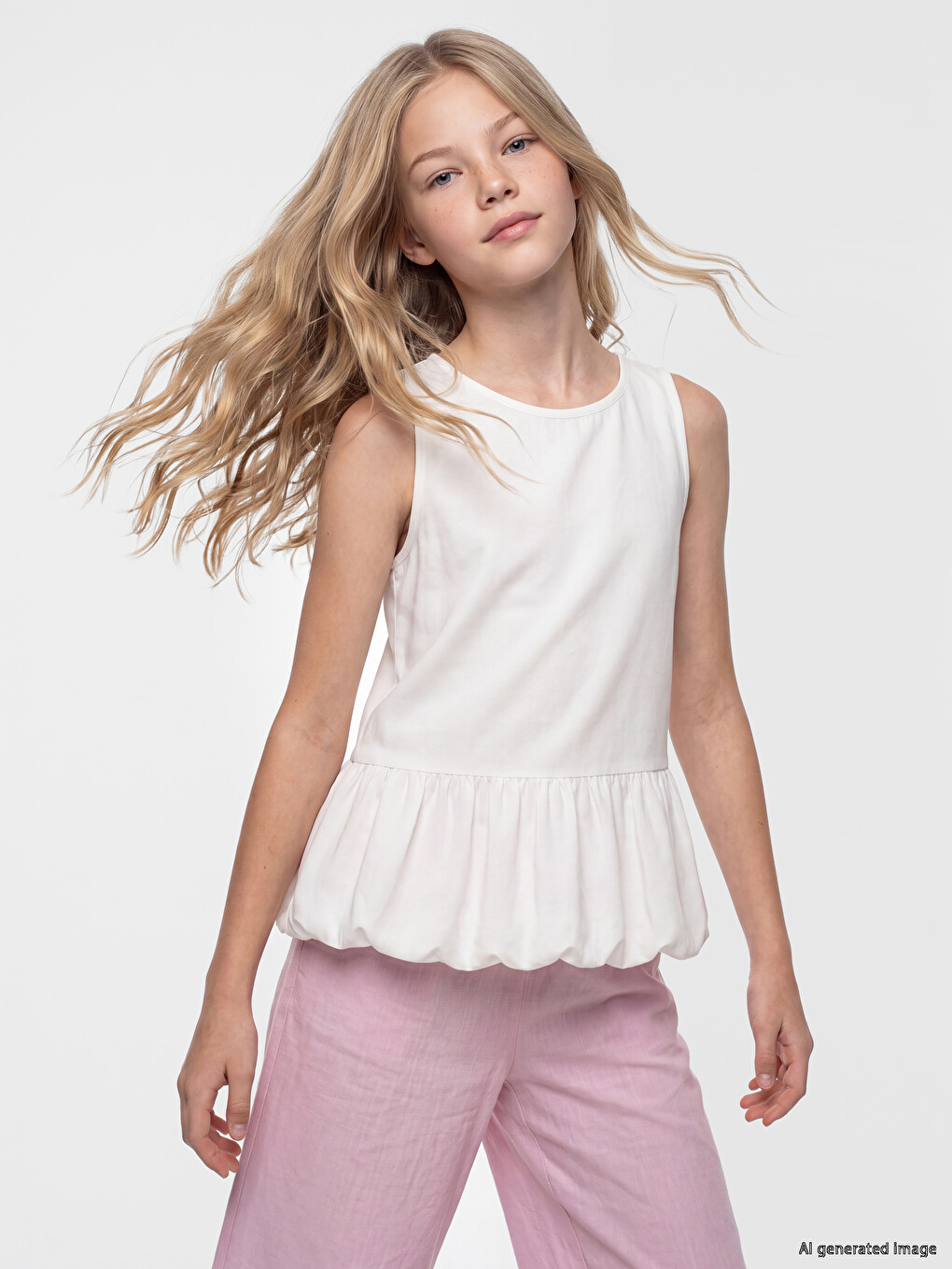 Ekru Kız Çocuk Gabardin Peplum Bluz