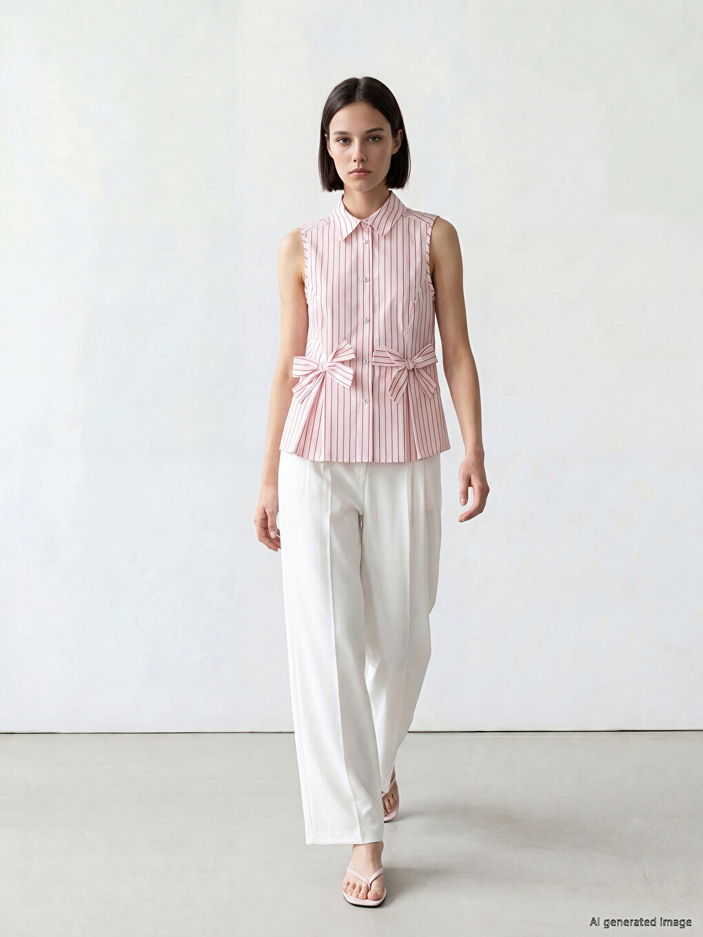 Collared Neck Striped Bowed Blouse-1